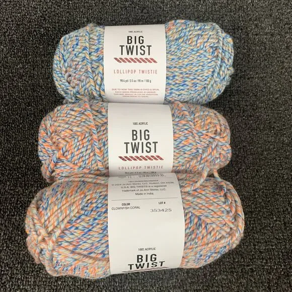 Lot Of 3 Big Twist Lollipop Twistie Clownfish Coral Yarn Medium (4) 98.4yd 3.5oz - Picture 1 of 6